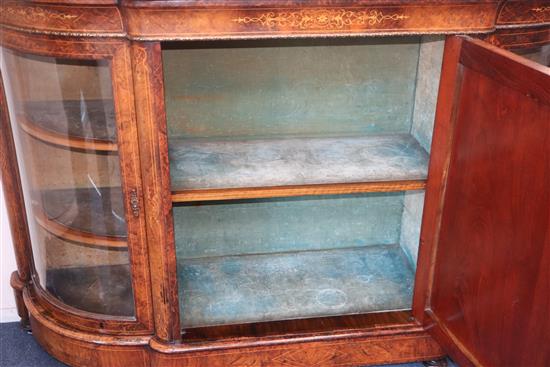 A late Victorian marquetry inlaid figured walnut credenza W.164cm